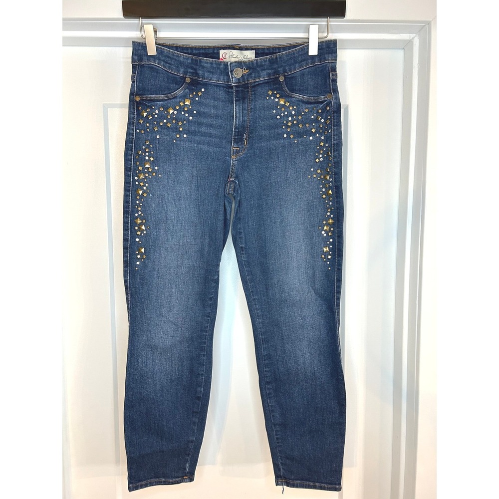 CJ by Cookie Johnson Joy Skinny Leg Rhinestone Jeans Indigo 29 Made in USA Curvy